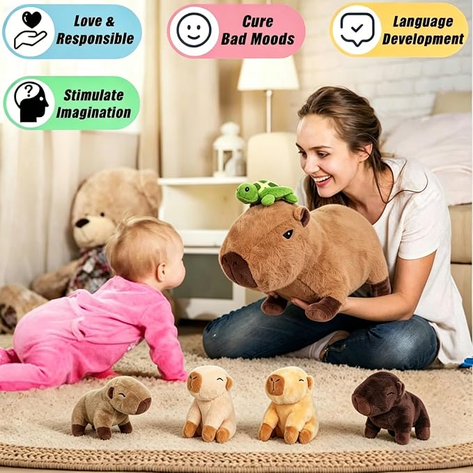 Youthfuljive 5 in 1 Capybara Plush 14.2" Capybara Stuffed Animal with Babies Inside, Mommy Stuffed Capybara Plushies Pillow Toys with 4 Baby Capibaras Peluches for Kids Birthday Party Decor