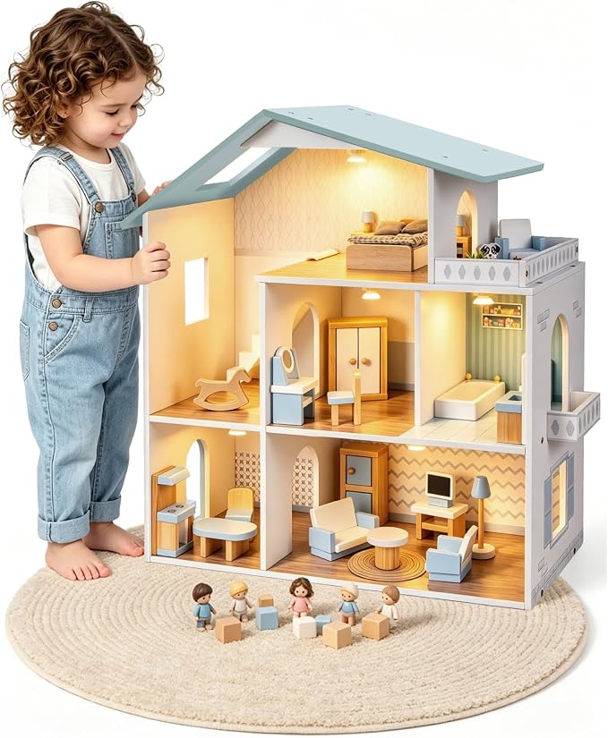 Pterying Wooden Dollhouse for Kids - Doll House with 6 Rooms & 29 Mini Furniture Pieces, Miniature House Kit, Easy Assembly, Pretend Play Toy for Boys & Girls Ages 3+, Fits 4-6 Inch Dolls