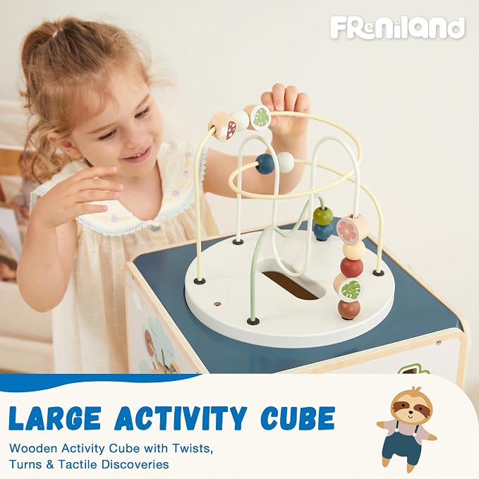 FReniland Wooden Montessori Activity Cube for Toddlers 1-3, 7-in-1 Baby Activity Center with Bead Maze, Shape Sorter, Number Gears & Discovery Mirror, Fine Motor Educational Toy for Boys & Girls