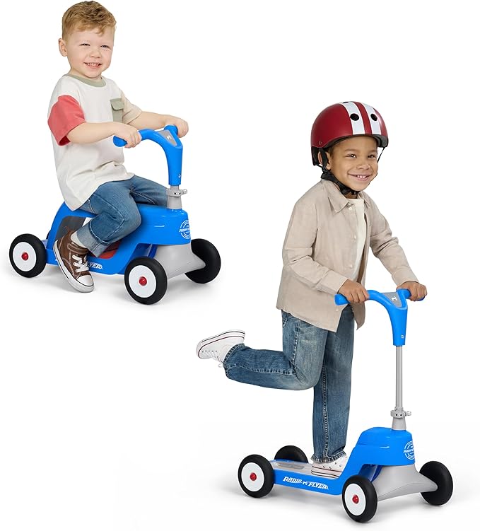 Radio Flyer Scoot 2 Scooter, Blue/Red/Pink, for Kids Ages 1-4, Ride On Toy or 4-Wheel Kids Scooter, Durable Wheels and Frame, Converts Easily with Flip Deck, Toddler Ride On Toys (Amazon Exclusive)