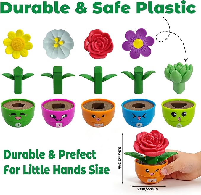 Montessori Flower Garden Building Toy for Girls & Boys, Toddler Gardening Set with 5 Shape & Number Flowers, Preschool Learning Matching & Stacking Game, Sensory Toys Gifts for 1 2 3 Year Old