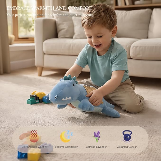 OSOCU® Microwavable Heating Pad Blue Winged Dragon Plush - 1.4 Lb Weighted Stuffed Animal Toy with Tourmaline Beads & Lavender - 16" Squished Long Dinosaur Pillow - Lumbar Back Cushion Lasting Warmth