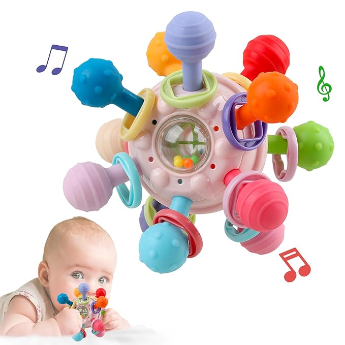 Baby Sensory Teething Toys - Baby Teether & Rattle - Gifts for Infant Newborn Boys Girls 0 3 6 9 12 18 Months - Toddler Montessori Educational Learning Toys (Pink)