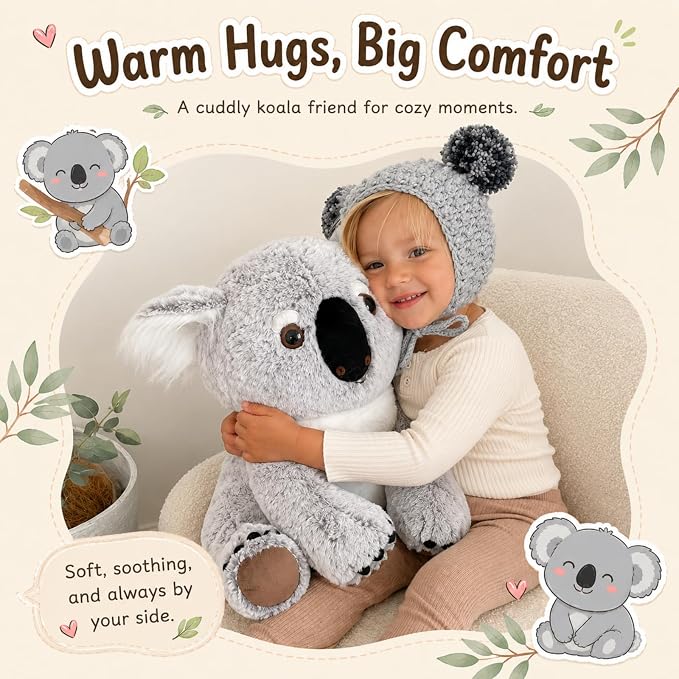 5 Piece Koala Plush Family Set, 17.7 Inch Mom Koala Stuffed Animal with 4 Baby Koala Plush Toys, Soft Koala Bear Plush with Zippered Back Pouch, Birthday for Kids