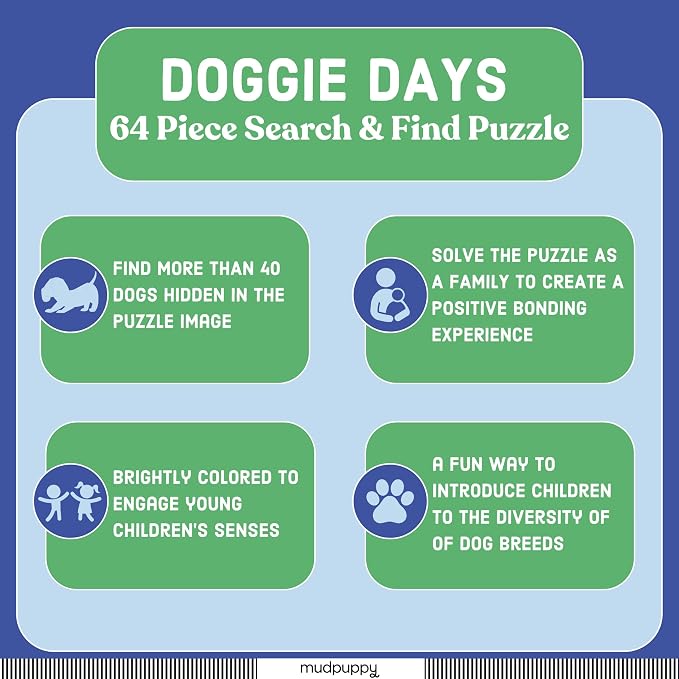 Mudpuppy Doggie Days — 64 Piece Search & Find Puzzle Jigsaw Puzzle Featuring A Variety of Dogs and Puppies and Over 40 Hidden Images to Find for Ages 4+