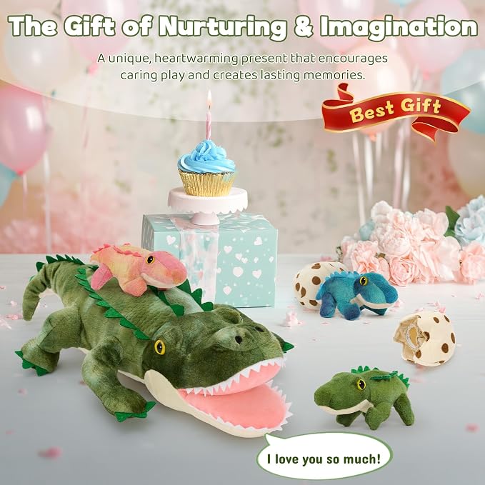 MorisMos Alligator Stuffed Animal with Babies Inside, 23.6'' Talking Mommy Stuffed Alligator Plush with 3 Baby Crocodiles & Eggs, Interactive Soft Crocodile Toys for Kid 3-5 Birthday Baby Shower
