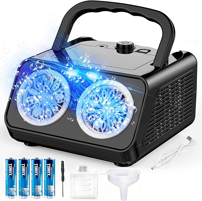 Bubble Machine with Dual Fans,20000+ Bubbles Per Minute | USB-C or AA Battery Operated,Leak-Proof Sealed Bottle,Portable Bubble Maker for Birthday Party Pool Wedding Outdoor