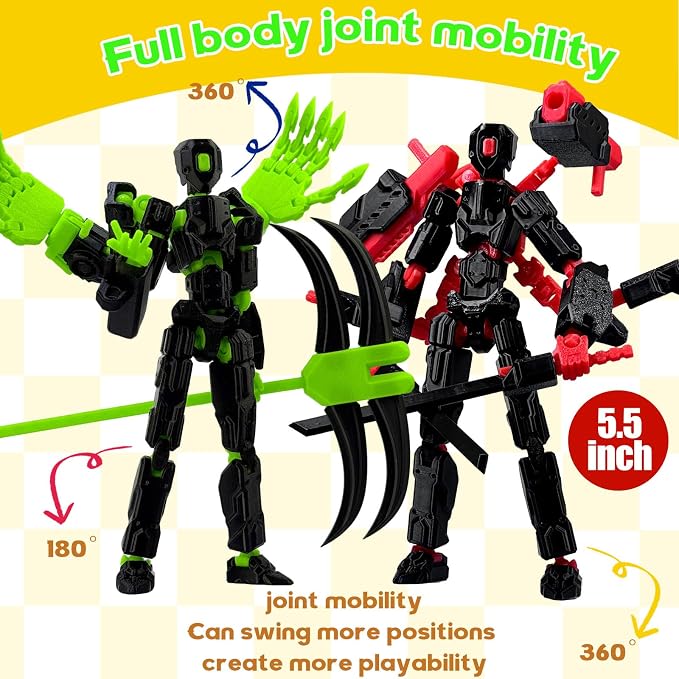 T13 Assembly Completed Action Figure Set, Multi-Jointed Movable 3D Printed Robot Toy, Cool Desktop Decoration Collectible Gift for Game Lovers (Black Green and Black red)