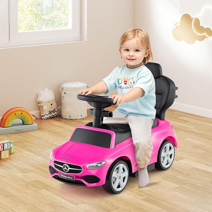 Costzon Push Car for Toddlers, 3 in 1 Mercedes Benz Stroller Sliding Walking Car w/Canopy, Handle, Safety Bar, Horn Sound, Underneath Storage, Foot-to-Floor Ride On Toy for Boys & Girls (Pink)