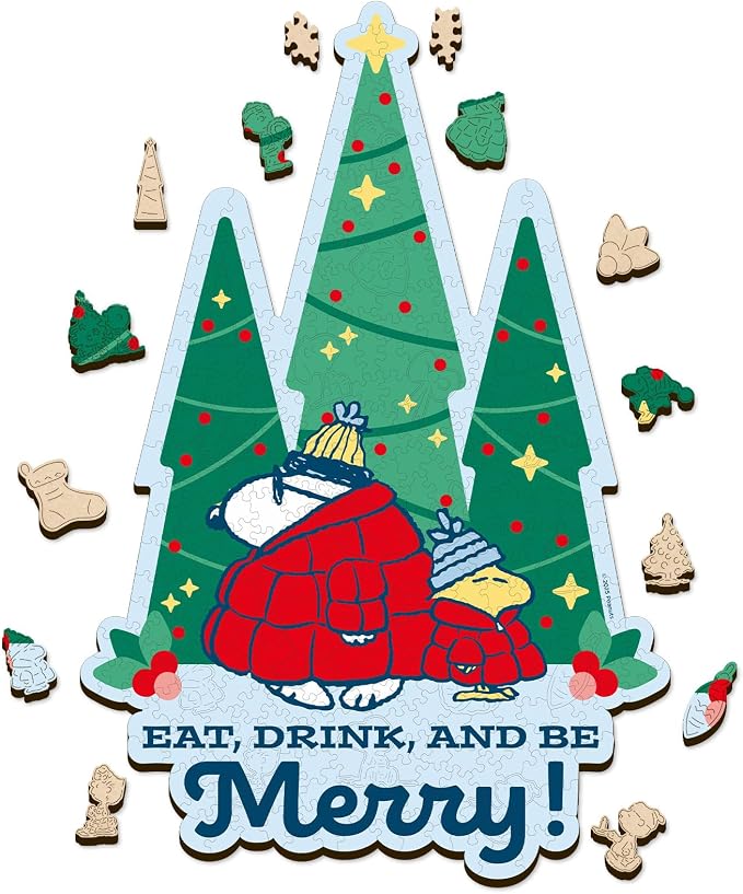 Peanuts Snoopy Puffer Coat Puzzles for Adults – 300 Pieces Unique Shaped Christmas Tree Wooden Puzzles, for Kids, 5MM Thick, Officially Licensed Merchandise – Singing Spirits, 11" x 16.5"