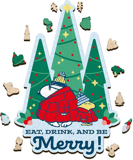 Peanuts Snoopy Puffer Coat Puzzles for Adults – 300 Pieces Unique Shaped Christmas Tree Wooden Puzzles, for Kids, 5MM Thick, Officially Licensed Merchandise – Singing Spirits, 11" x 16.5"