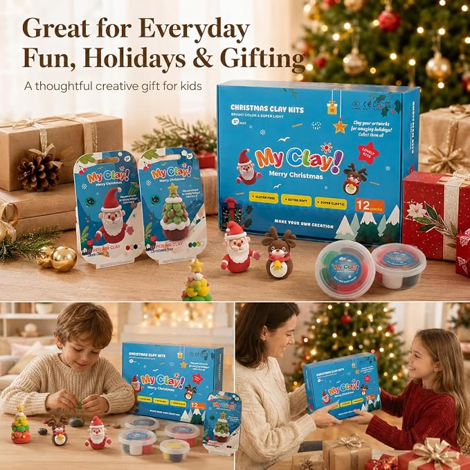 Air Dry Clay for Kids, 12 Christmas Modeling Clay DIY Model Magic Clay Kit with Tools&Tutorials, Soft&Non-Sticky, Safe&Non-Toxic, Creatible Art Crafts Toys Gifts for Kids,Christmas Crafts Xmas Gift