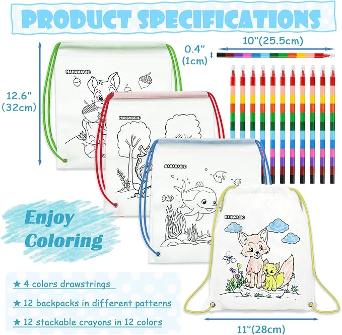 12 PCS colorable drawstring backpack for kids with 12 stackable crayons (12 colors in one), suitable as return gifts for kids, birthday goodie bags for kids and kids art party favor bags