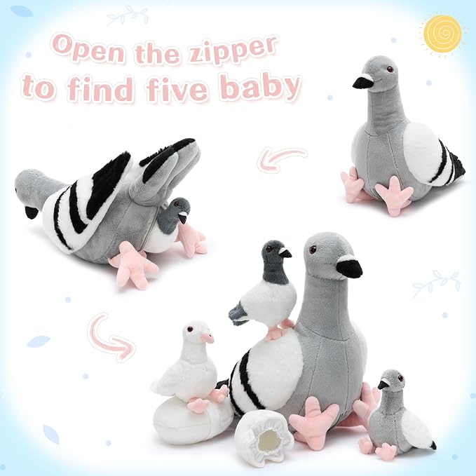 Tezituor 6-Piece Pigeon Stuffed Animal Set,Realistic Pigeon Plush Toy with 3 Baby Birds and Eggs,Soft Cuddly Dove Bird Plushie for Kids Girls Boys,Easter Valentine’s Day Christmas Birthday Gift, Grey