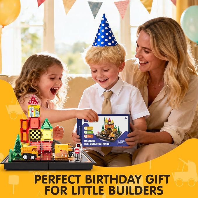 hahaland Mini Magnetic Tiles Travel Road Construction Toys Magnetic Building Blocks with Engineering Vehicles Trucks Case 2-in-1 Road-Themed Box Montessori Birthday for 3-6 Year Old Toddler
