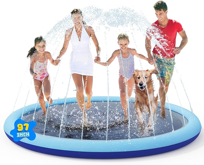 COMMOUDS 97" Splash Pad for Kids and Dogs, Extra Large Sprinkler Pad Non-Slip Thicken Pool Summer Outdoor Water Toys, Backyard Fountain Play Mat for Baby Toddlers Boys Girls Pet