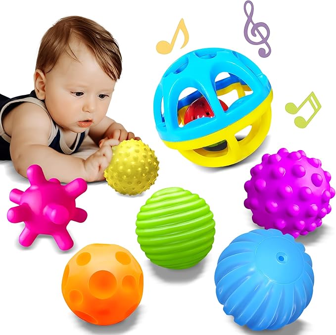 Sensory Balls, Montessori Toys with Baby Rattle 3-6 Months | 6 Multiple Textured Stress Balls with Blue Rattle, Bright Colors, Baby Teether Toys, Gift for Toddlers 1-3