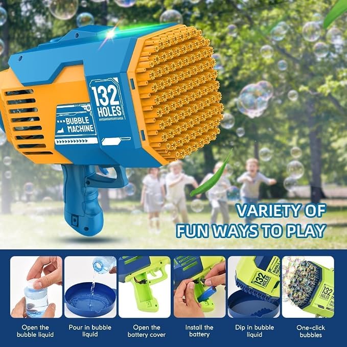 Upgraded 132 Holes Bubble Machine Gun,Bazooka Bubble Machine,Rocket Bubble Gun Bubble Machine,Summer Toys Bubble Blaster Maker for Kids, Wedding, Birthday Gift (Light Blue)