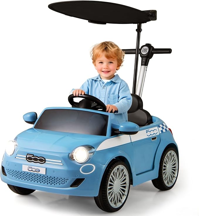 Licensed Fiat 500 Ride on Push Car by INFANS, 3 in 1 Baby Stroller Sliding Walking Car with Retractable Footrest, Parent Control Handle, Horn, Foot-to-Floor Toys for Kids Toddlers 18 Month+ (Blue)