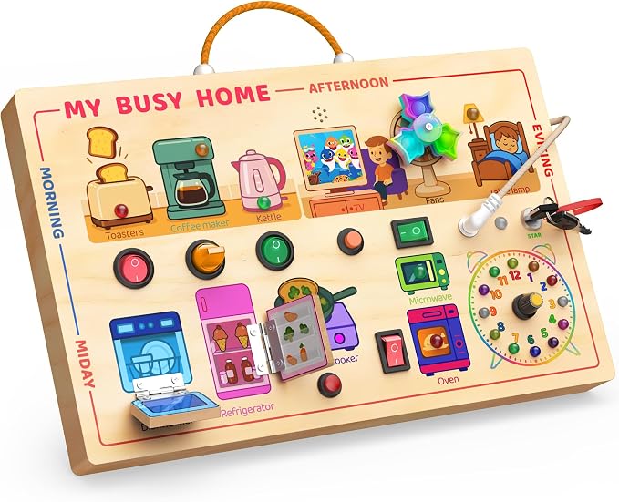UdoUto My Busy Home Montessori Busy Board for Toddlers 1-3 - Wooden Sensory Activity Board with Kitchen Appliances, Switches, Clock | Educational Fine Motor Skill Toy for 1+ Year Old Girls