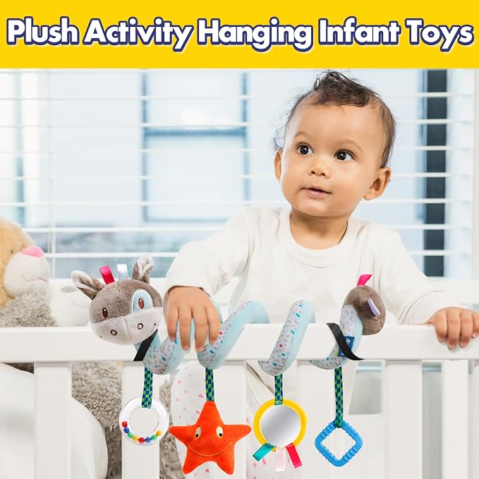 GKDOMS Baby Car Seat Toys Activity Stroller Toy for Boys Girls 0 3 6 9 10 12 Months, Spiral Hanging Plush Toys, Baby Shower Thank You Gifts