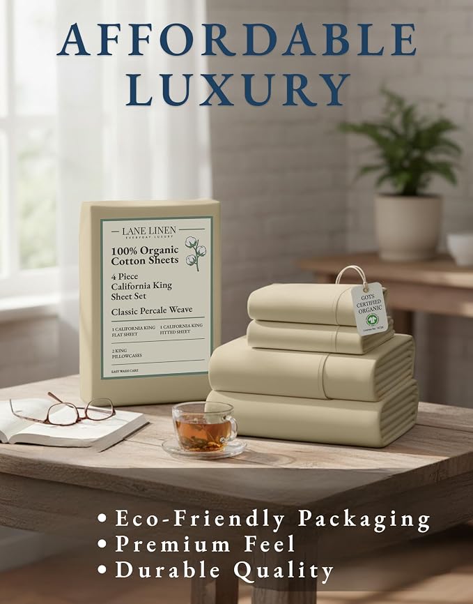 LANE LINEN California King Bed Sheets 100% Organic Cotton Cooling - Linen | Cal King Sheets In Organic Cotton Percale - Breathable For Year-Round Sleep, Best-Value Organic Cotton, For Hot Sleepers