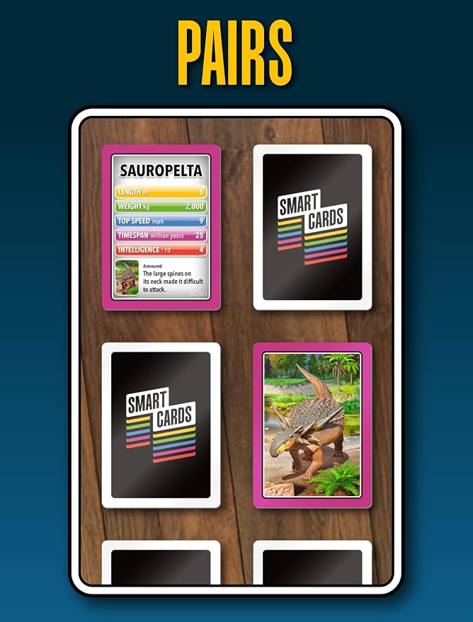 SMART CARDS DINOSAURS Card Game - Matching Pairs, Snap, Trumps, Rummy, Happy Families (7 Games To Play) | Travel Game, Gift, Stocking Stuffer | for Adults, Kids, Boys, Girls | Age 5+, 1-8 Players