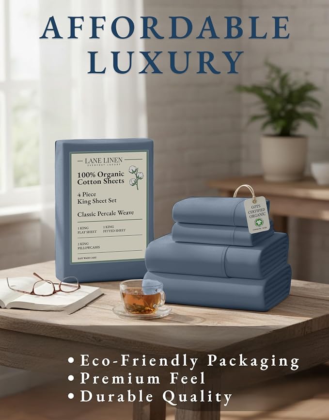 LANE LINEN King Size Sheet Set 100% Organic Cotton Soft 4pc - Estate Blue | King Sheets In GOTS Certified Organic Cotton Percale - Crisp Cool Percale Weave, Great For Gifting, Best-Value Organic Cotton