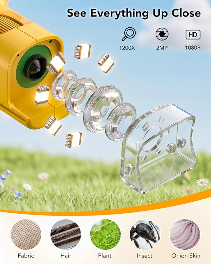 1200X Handheld Microscope for Kids, Portable Kids Microscope HD Screen Video Record, Pocket Digital Microscope STEM Educational Toys, Birthday Gifts for Ages 6-12 Boys Girls