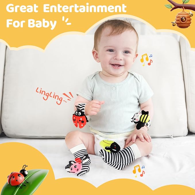 URMYWO Wrist Rattles for Baby - Rattle Socks - Foot Finder Set - High Contrast Black and White Baby Toys for 0-12 Months Infant - Newborn Essentials - Sensery Toys for Boys and Girls as Shower Gifts