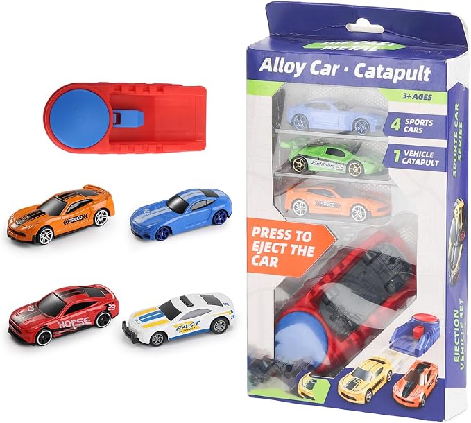 Die Cast Toy Cars with Catapult Launcher (Middle) | 2 die-cast sports cars with a manual press launcher for indoor racing and vehicle-themed play.