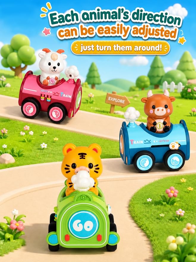 Magnetic Connect & Press to Go Car Toys, 4 Pack Animal Racing Cars with Detachable Finger Puppets, Fine Motor Push Down Vehicle Set for Toddlers 1-3, Birthday Gift for 12-18 Months Baby
