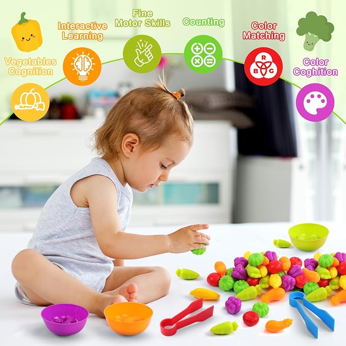 TSYAN Counting Vegetables Matching Games Sensory Toys with Sorting Bowls Preschool Learning Activities Color Classification Fine Motor Educational Toys Set Gift for Boys Girls Toddlers Toys Age 3+