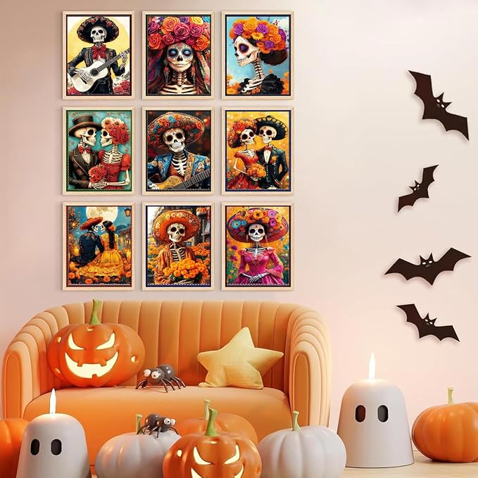 Paint by Numbers for Adults and Kids Beginner, 9 Piece Skull Painting by Number Kits On Canvas, Number Artist Paint by Number Kit DIY Halloween Oil Painting Acrylic Paints, Home Wall Decor Gift12X16in