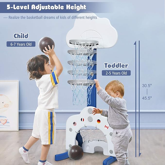 Costzon Kids Basketball Hoop, Toddler Sports Activity Center w/ 5 Adjustable Height Levels, Basketball Soccer Golf Game Set, Indoor Outdoor Basketball Hoop Set Gift for Baby Infant
