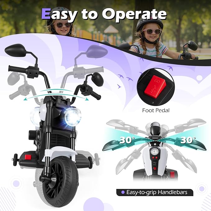 Costzon Kids Motorcycle, 6V Chopper Motorbike Ride on Toy with Headlight, Music, Training Wheels, Electric Toddler Motorcycle for Kids Boys Girls, Gift (White, 31" x 23" x 22"(L x W x H))