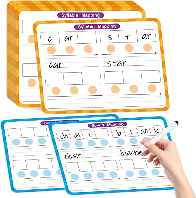 12 Pack Double Sided Syllable Dry Erase Board,12" x 9" Multiplication Flash Cards,Phonics Manipulatives Small White Board for Kids,Speech Therapy Material for Learning,Homeschool Essentials