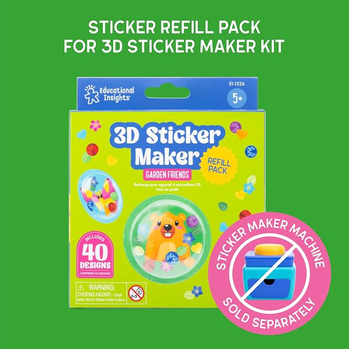 Educational Insights 3D Sticker Maker Refill Pack: Garden Friends - Supplies for Custom Sticker Maker for Kids, DIY Stickers for Kids, Puffy Stickers for Toddlers, Machine Sold Separately