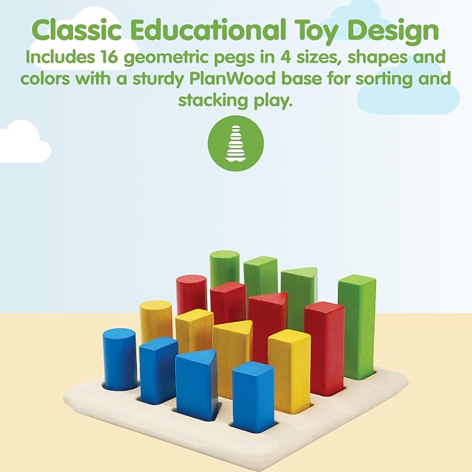 PlanToys® Geometric Peg Board Wooden Shape Sorting & Stacking Toy for Kids Ages 2+ | Montessori STEM Toy for Fine Motor Skills, Color Learning & Coordination | Eco-Friendly Educational Activity