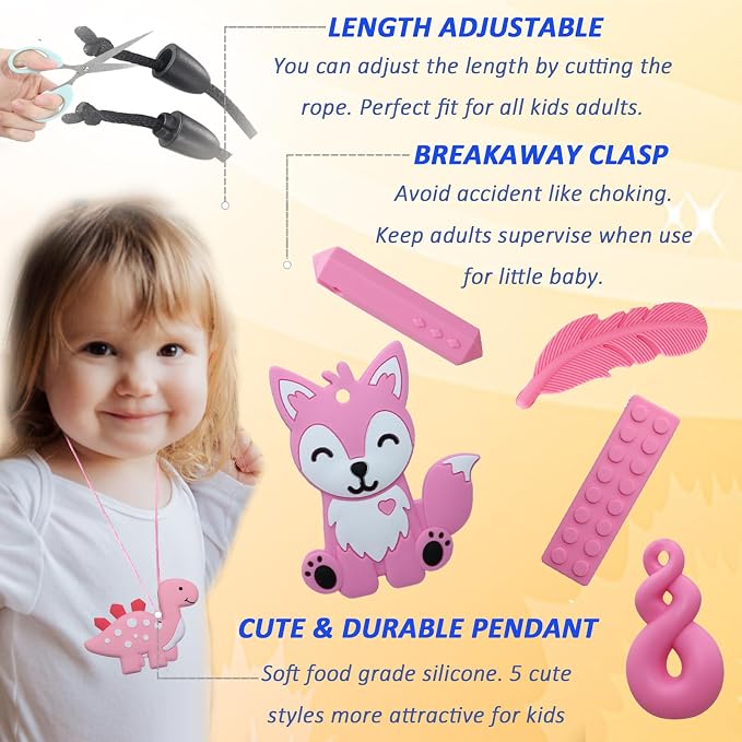 Chew Necklaces for Sensory Kids, 6 Pack Fox and Dinosaur Silicone Chewy Necklace for Boys and Girls with Autism, ADHD, SPD, Sensory Chewing Toys for Autistic Children Reduce Anxiety Fidgeting