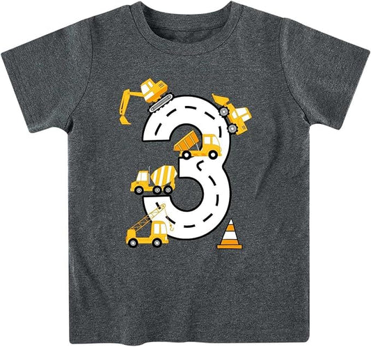 Lovekider 2-5 Years Birthday Boy Shirt Construction Party T-Shirts Excavator Cotton Short Sleeve Tee Dark Grey