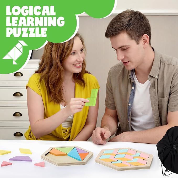 Yunsailing 3 Pack Large Wooden Blocks Puzzles Hexagon Tangram Puzzle Wooden Russian Brain Puzzles for Adult Challenge Teasers Geometric Jigsaw Logic Iq STEM Educational Gift Graduation(Fresh)