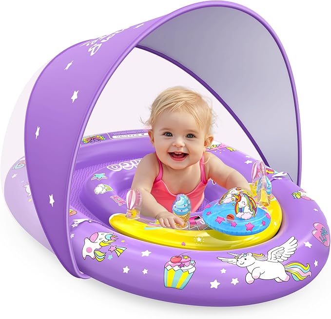 EZIGO Baby Pool Float with Canopy UPF50+ Sun Protection, Inflatable Kids Pool Floats with Ocean Animal Toys for Baby 6-36 Months, Infant Swimming Float with Adjustable Safety Seat for Boys Girls