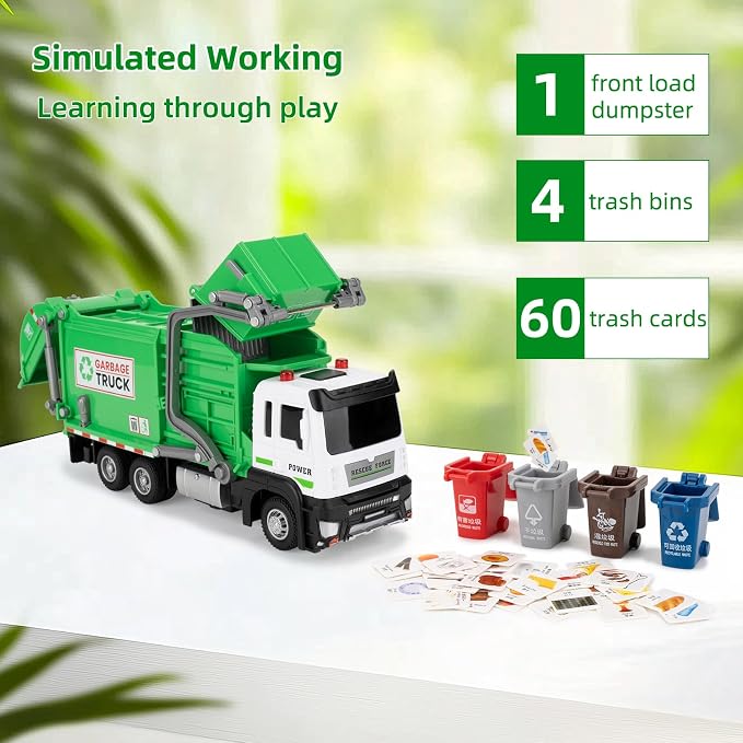 Kids Garbage Recycling Truck Toy, Green Pull-Back Truck Model with Sound & Light, Waste Sorting Learning Cards, Educational Toy, for 3-6 Year Old Boys Girls