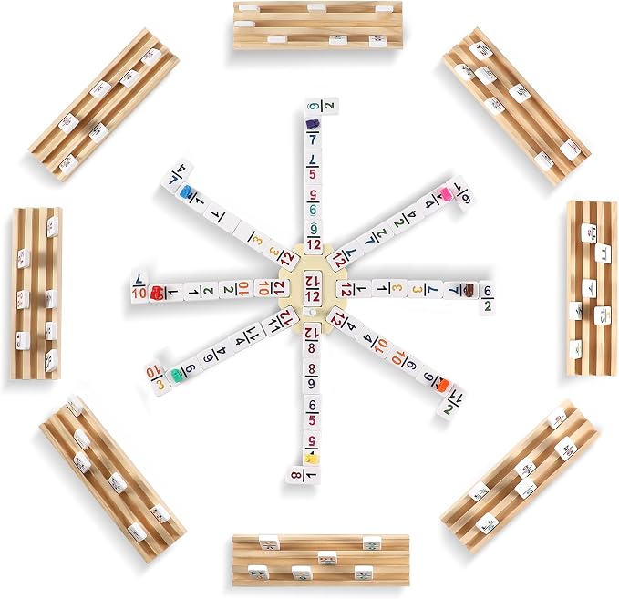 Mexican Train Dominoes Set with Numbers and 8 Wooden Trays/Racks, Double 12 Dominos Travel Set with 8 Tiles Holders, 91 Tiles Double 12 Colored Dominoes Game Set with Portable Case for Families Kids