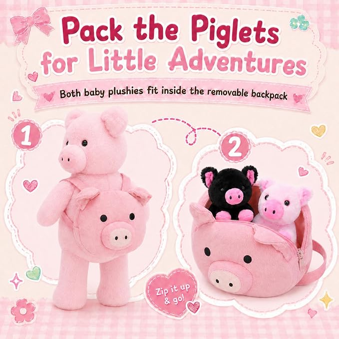 Pig Plush Toy Set, 21" Large Mother Pig Stuffed Animal with 2 Baby Pigs and Removable Backpack, Soft Farm Animal Plushies for Kids, Birthday