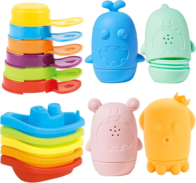 Baby Bath Toys for Kids, 15 PCS Mold Free Toddler Bath Toys Pool Water Table Toys Rainbow Color Floating Boats, Spoons & Sensory Silicone Bath Toys, Bathtub Water Toys for Toddlers 1-3 and Babies