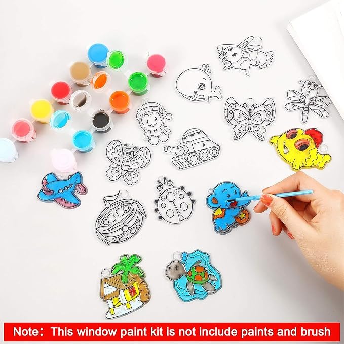 Sratte 48 Pcs Sun Catcher Kits for Art Window DIY Suncatchers Craft for Kids Animals Summer Window Art Paint with 24 Suction Cups for Kids Ornament Birthday Party Activities Home Decor Supplies