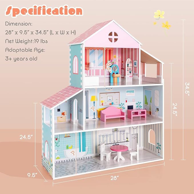HONEY JOY Dollhouse with 8 Pcs Furniture, 3-Level Wooden Doll House, Pretend Play Kids Doll’s House, Princess Mini Toy House Furniture Playset, Gift for Little Girls(Pink, 2.8 FT)