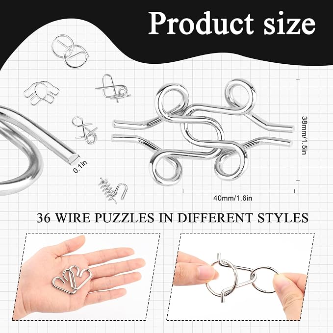 36Pcs Metal Brain Teaser Puzzles Set with Pouch,Steel IQ Games Physics Mind Metal Puzzles,Brain Teaser Wire Puzzle Game,Wire Magic Trick Toy for Adults Challenge Gifts
